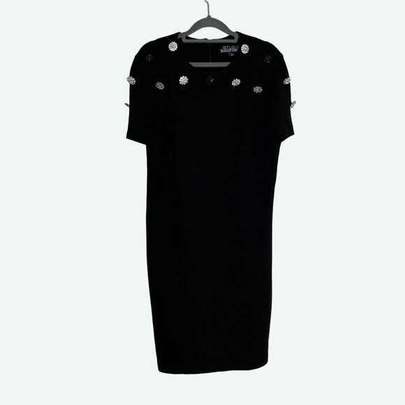 Badgley Mishka Studio Little Black Shift Dress‎ Rhinestone Button Details Medium - Picture 1 of 9